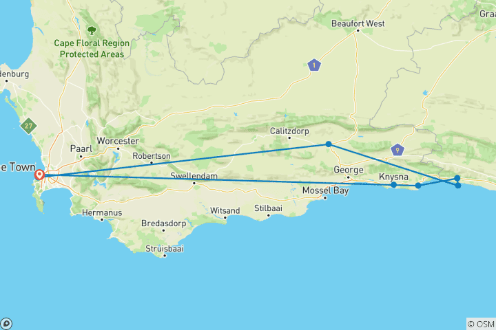 Carte du circuit Safari exclusif au Cap et sur la Route des jardins