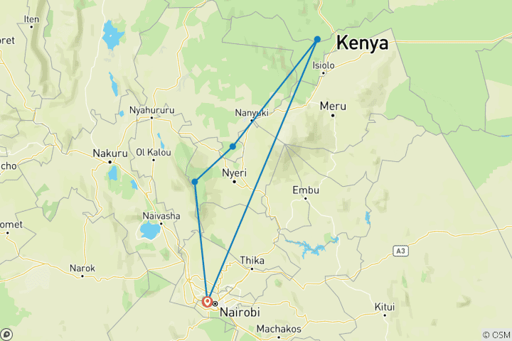 Map of 5Days Aberdares, Solio and Samburu Safari on 4x4 Jeep