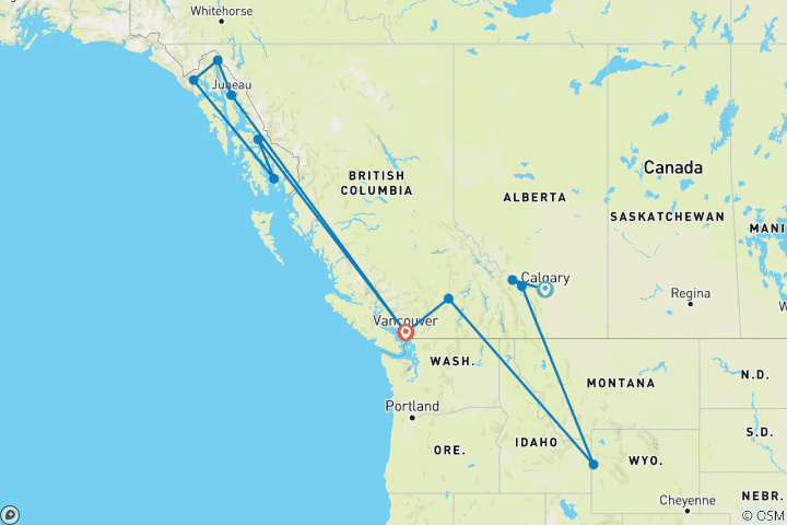 Mapa de Las Rocosas Canadienses y el Paso Interior de Alaska con el Rocky Mountaineer y un Crucero de 7 noches por Alaska (Calgary, AB a Vancouver, BC)