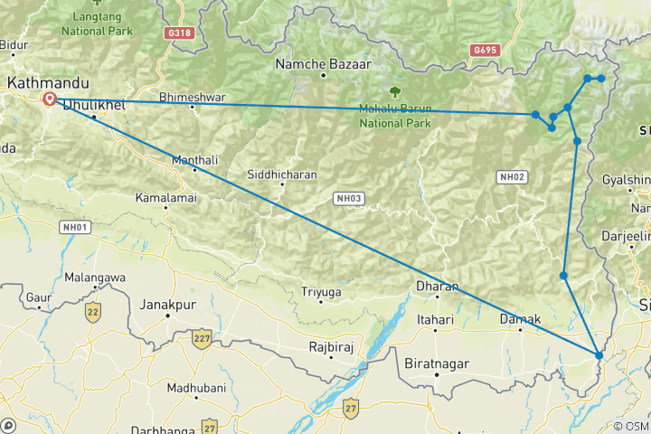 Karte von Kanchenjunga Circuit Trek Nord nach Süd Basislager.