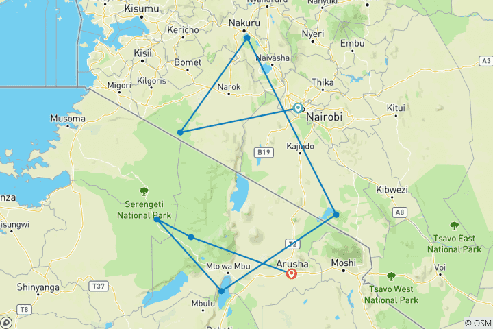 Carte du circuit Circuit de 9 jours à Amboseli, Nakuru, Masai Mara, Serengeti et Ngorongoro