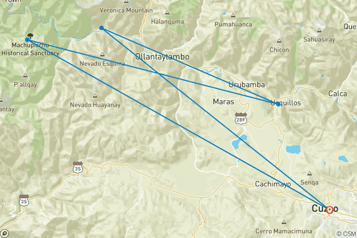 Carte du circuit 6 jours d'aventure sur le Chemin Inca jusqu'au Machu Picchu