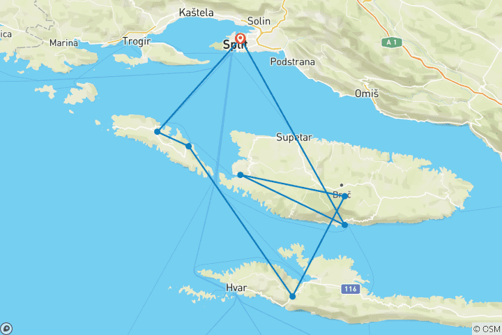 Kaart van Zeilen Kroatië Split- Hvar en Bol