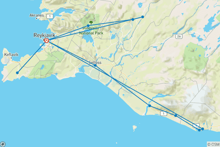 Carte du circuit Inoubliable circuit de 5 jours avec escale en Islande : Geysers, chutes d'eau et aurores boréales