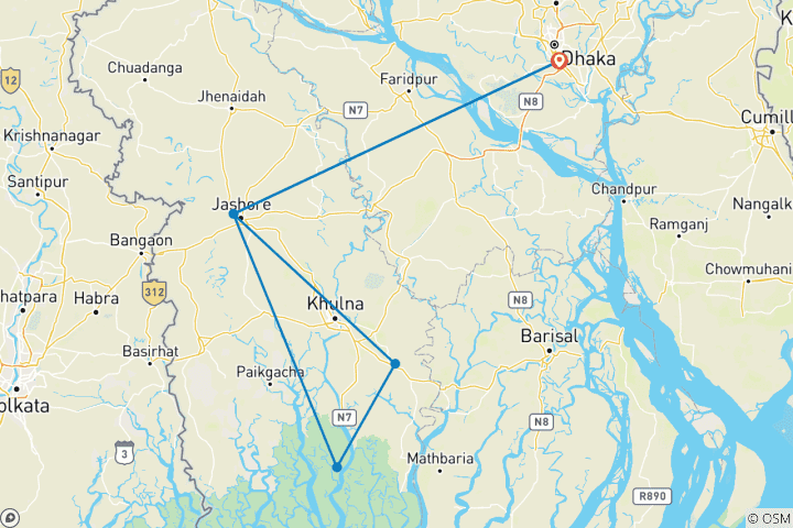 Carte du circuit 6 jours de safari personnalisé dans les Sundarbans du Bangladesh, avec guide et chauffeur privés