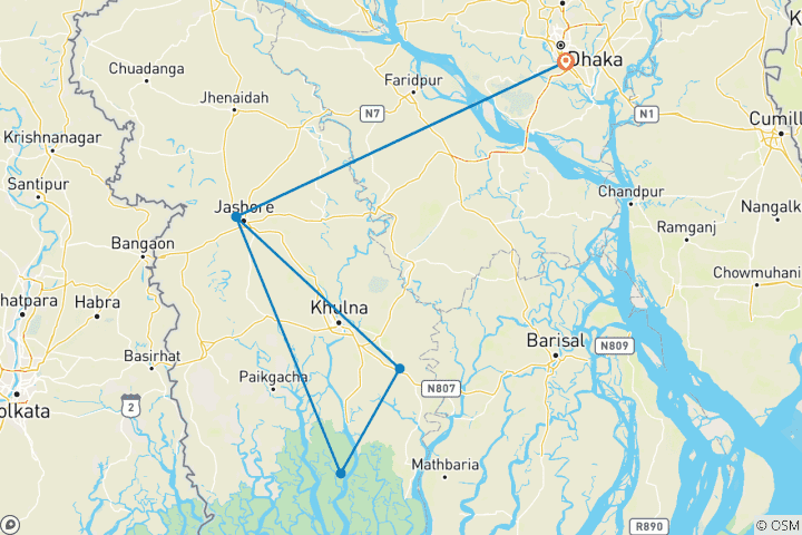 Carte du circuit Safari privé personnalisé de 6 jours dans les Sundarbans au Bangladesh