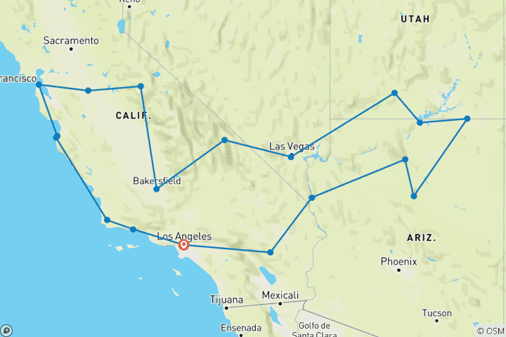 Karte von USA - Rundreise entlang der Westküste