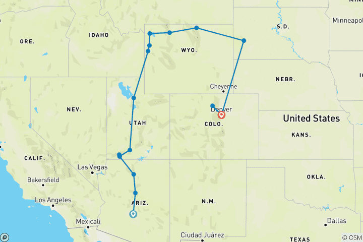 Map of America's National Parks & Denver  (Scottsdale, AZ to Denver, CO) (2025)