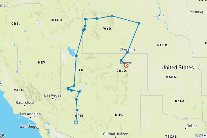 Karte von Amerikas Nationalparks & Denver (Scottsdale, AZ nach Denver, CO)