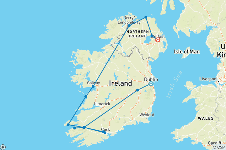 Mapa de Carreteras rurales de Irlanda (Grupos pequeños, Fin de Dublín, 12 días) (16 destinations)