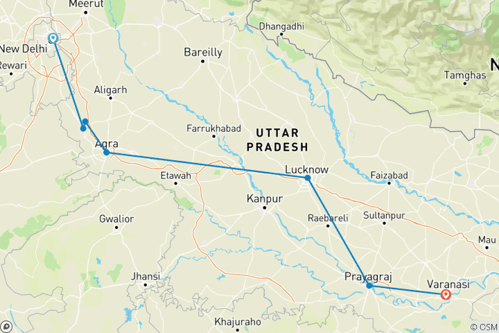 Map of Golden Triangle Spiritual Journey: Delhi to Varanasi via Mathura, Agra, Lucknow & Ayodhya!