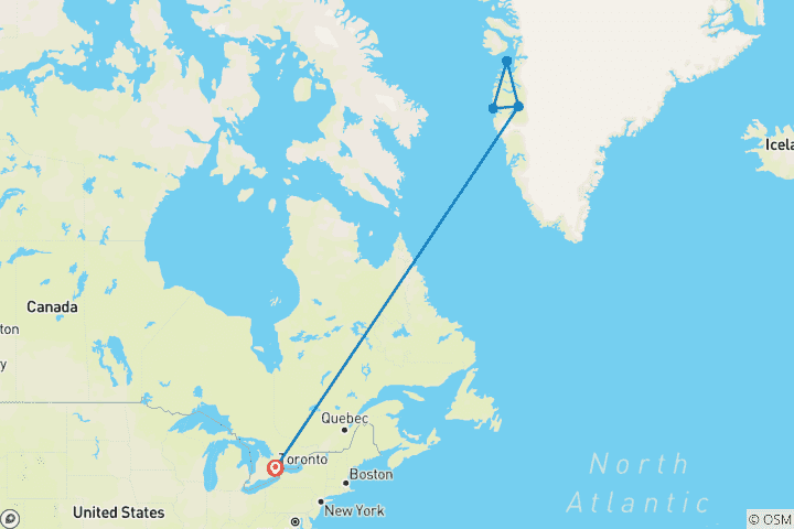 Map of West Greenland Ice Odyssey: Glaciers and Icebergs, Operated by Quark