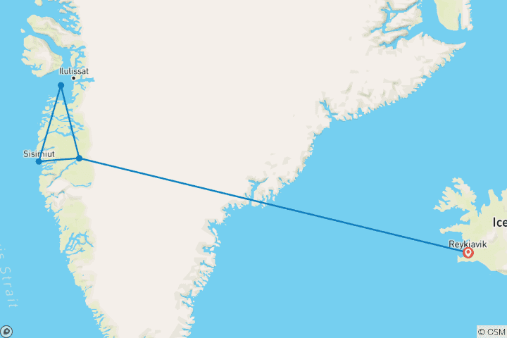 Map of West Greenland Ice Odyssey: Glaciers and Icebergs, Operated by Quark