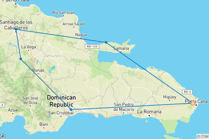Carte du circuit Les hauts lieux de la République dominicaine avec l'effet de serre