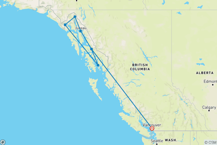 Mapa de Crucero por el Paso Interior de Alaska con un crucero Holland America de 7 noches