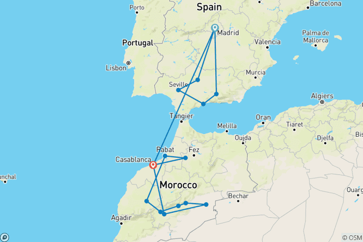 Mapa de 18 Días Madrid, Ouarzazate, Boumalne, Erfoud y más.