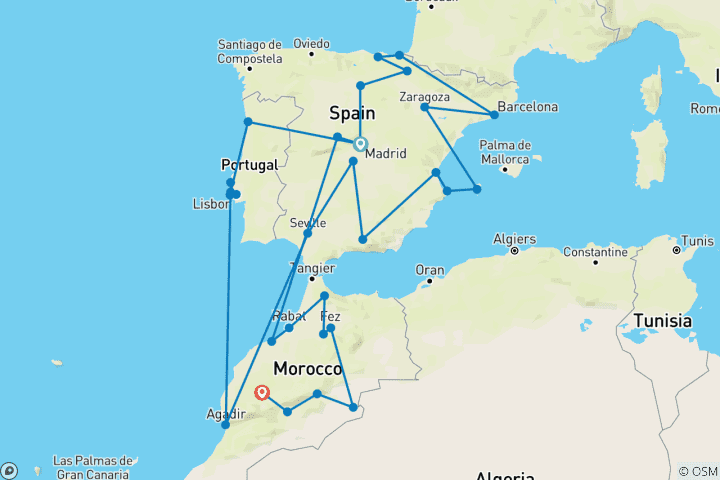 Carte du circuit Le meilleur de l'Espagne, du Portugal et du Maroc (32 jours)