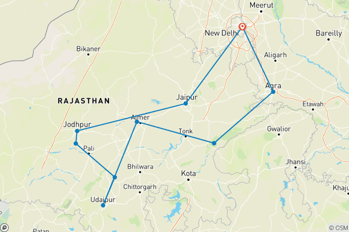 Kaart van Gouden Driehoek Tour met Koninklijke Kastelen en Tijgersafari