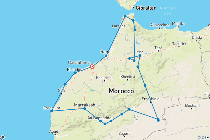Kaart van Tweeweekse Rondreis door door Marokko