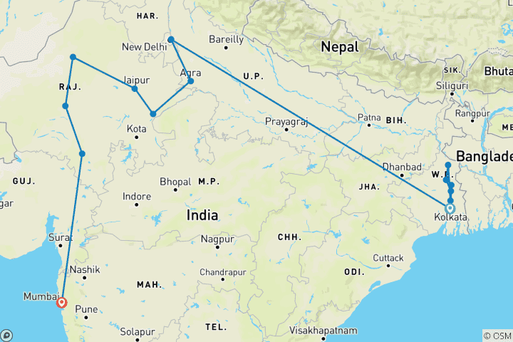 Carte du circuit Croisière et train : le Gange sacré et le Maharajas' Express (2025) (de Kolkata à New Delhi, 2025)