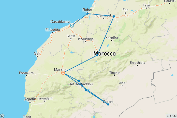 Map of 11 Day Marrakech, Casablanca , Ouarzazate, Zagora and more.