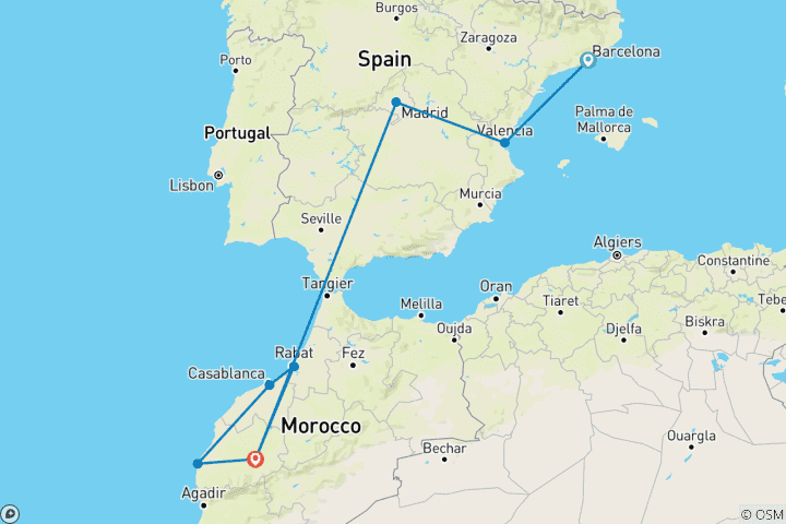 Map of 15 Day Barcelona, Valencia,  Casablanca and more