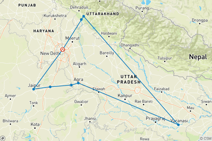 Map of Group Tour: Golden Triangle of India, Varanasi & Rishikesh with Superior Hotels