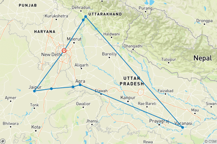 Map of Group Tour: Golden Triangle of India, Varanasi & Rishikesh with Superior Hotels