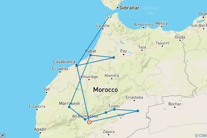 Carte du circuit Tanger, Erfoud, Tinghir et autres en 11 jours.