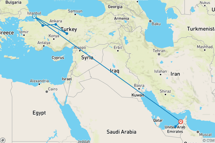 Kaart van Wonderen van Istanbul, Cappadocië&Luxe Dubai  – met de trein  – 12 dagen