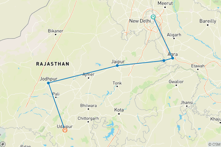 Mapa de Circuito de 7 Días al Triángulo de Oro, Jodhpur y Udaipur - Delhi, Agra, Jaipur, Jodhpur y Udaipur