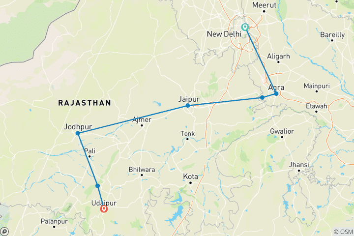 Karte von 7 Tage Goldenes Dreieck Tour mit Jodhpur Udaipur - Delhi Agra Jaipur Jodhpur Udaipur Tour