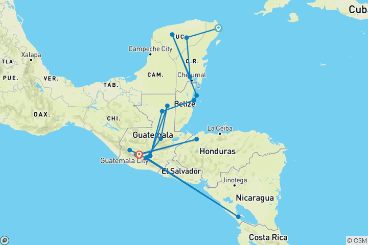 Carte du circuit Aventure au Mexique, au Belize et au Guatemala 14J/13N (de Cancun)