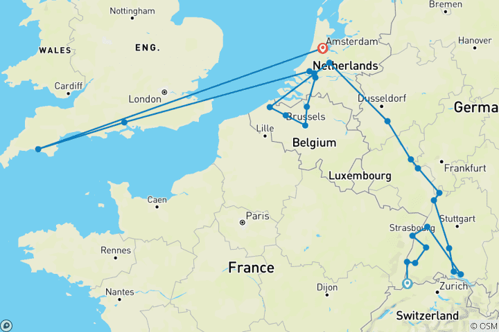 Carte du circuit Le Grand Rhin et les canaux hollandais - 2026 - Départ Bâle, fin Amsterdam