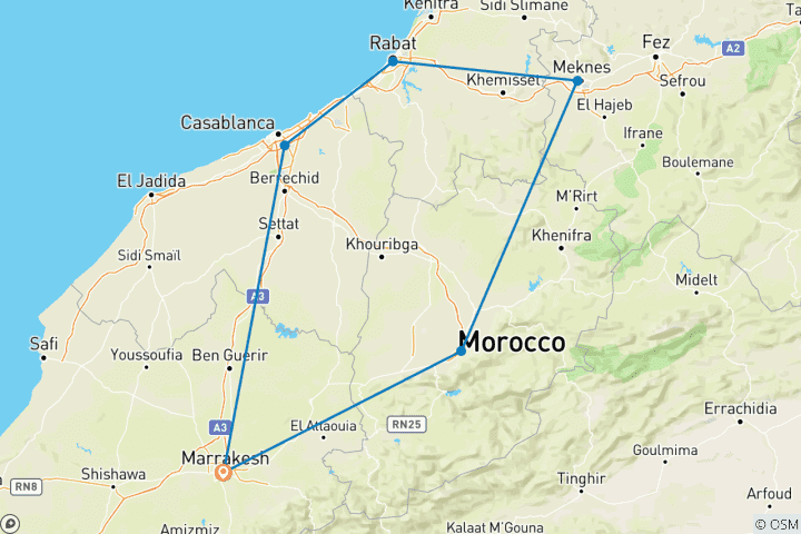 Map of 8 Day Marrakech, Casablanca, Rabat, Meknes, Fes, Beni Mellal and more