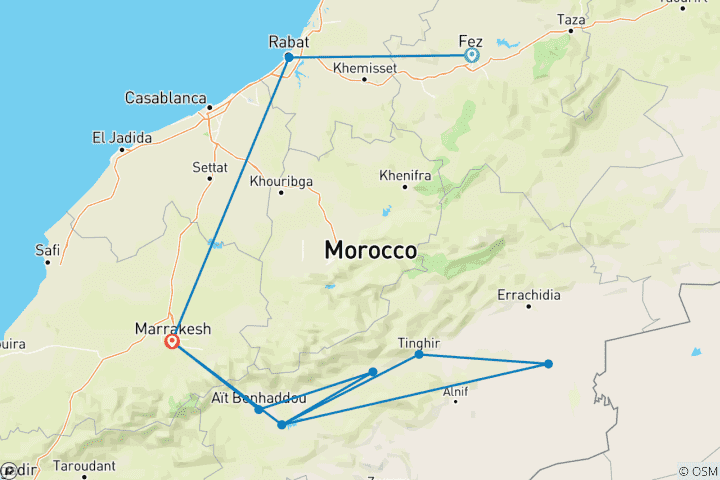 Map of 9-Day Fez, Marrakech, Ouarzazate, Boumalne, Erfoud, Tinghir and more.