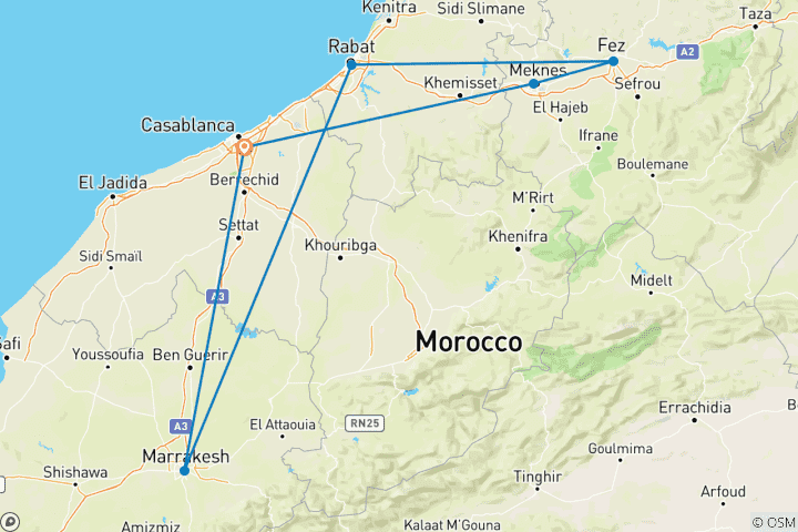 Map of 8-Day Casablanca, Meknes, Fez, Rabat, Marrakech and more