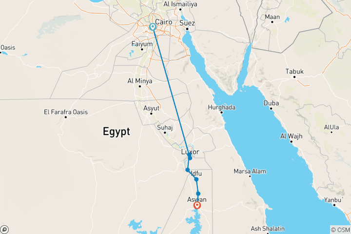 Karte von Nilkreuzfahrt von Luxor nach Assuan mit nubischem Dorf (mit Flug) ab Kairo 5 Tage