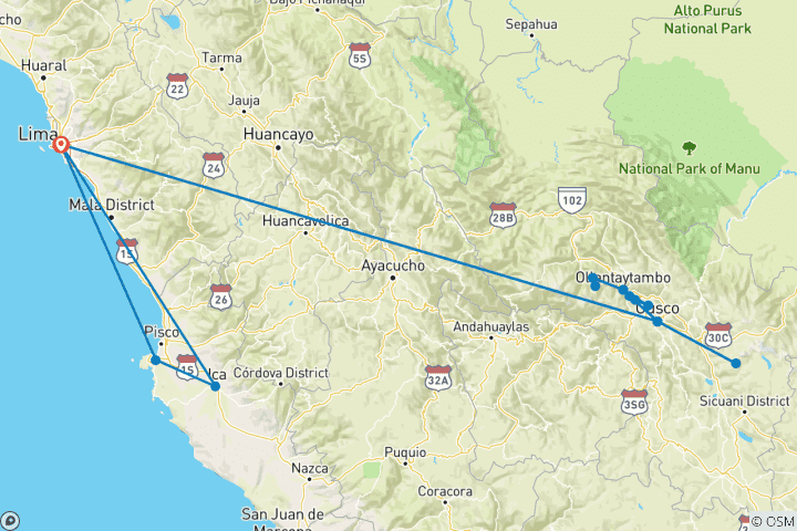 Kaart van 7 dagen Het Beste Van Inca Avonturen (Lima&Cusco) met Binnenlandse Vluchten