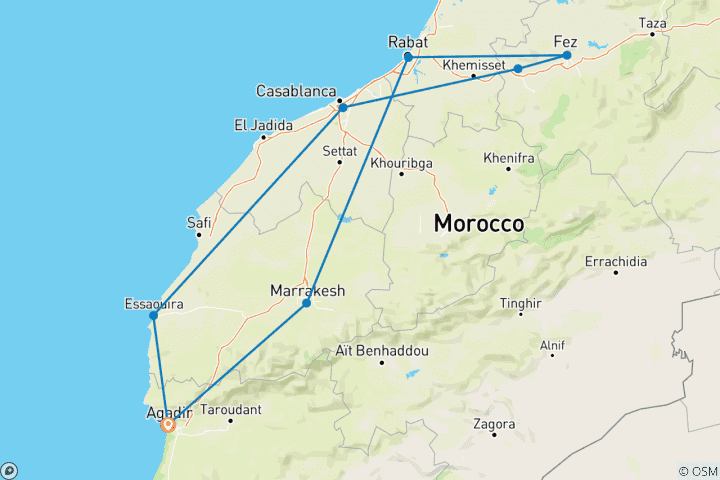 Mapa de Mini Marruecos y Essaouira de 8 Días desde Agadir