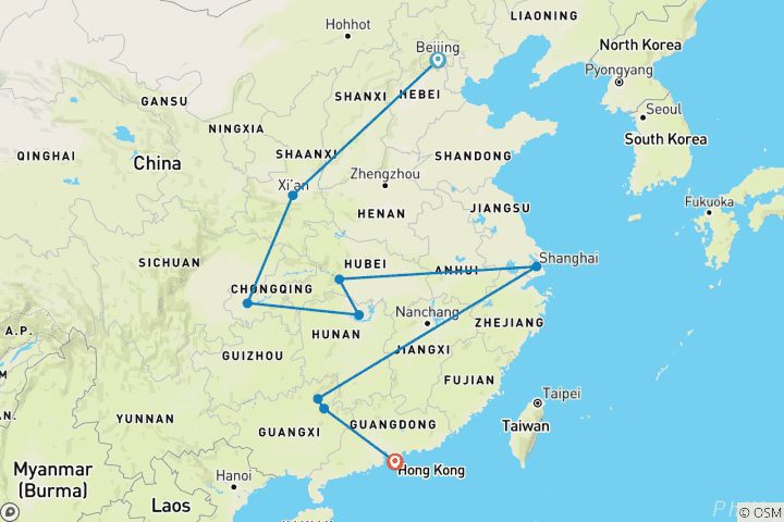 Carte du circuit Les hauts lieux de la Chine en 16 jours avec le Yangtze (guide privé et chauffeur）