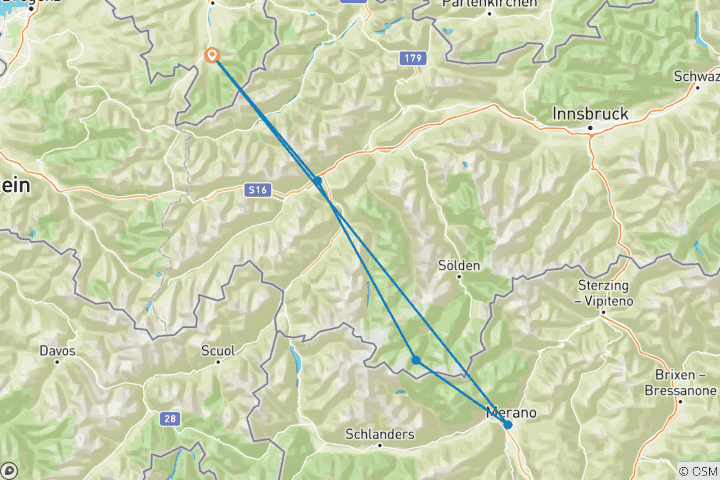 Carte du circuit Traversée des Alpes guidée sur l'E5 - Le tour classique en refuge d'Oberstdorf à Merano