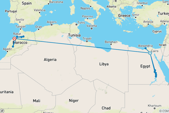 Carte du circuit Sahara de l'Est à l'Ouest en 16 jours