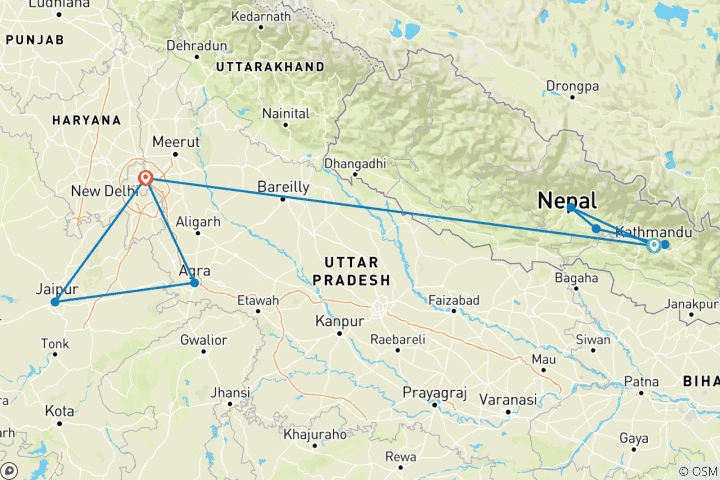 Map of The Fantastic Nepal and India Golden Triangle Experience With Sightseeing & Transfers