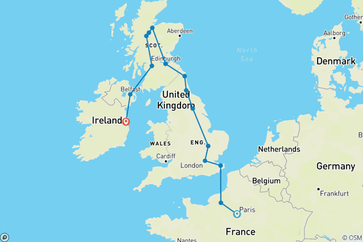 Carte du circuit DE PARIS A L'IRLANDE : UN VOYAGE A TRAVERS LES VILLES LES PLUS EMBLÉMATIQUES D'EUROPE