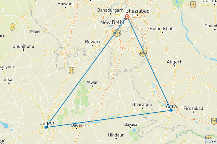 Mapa de Vacaciones en el Triángulo de Oro de la India con estancia de 5 estrellas, desayuno, visitas turísticas y traslados