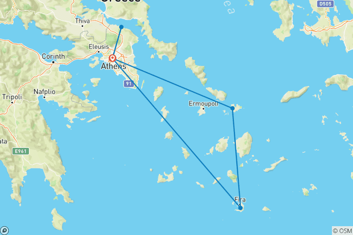 Kaart van ARTEMIS: Athene, Meteora, Mykonos & Santorini (tours, veerboten & vlucht)