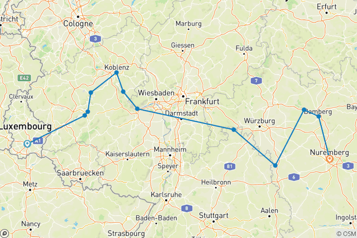 Karte von Europas Flüsse & Schlösser von Luxemburg bis Nürnberg