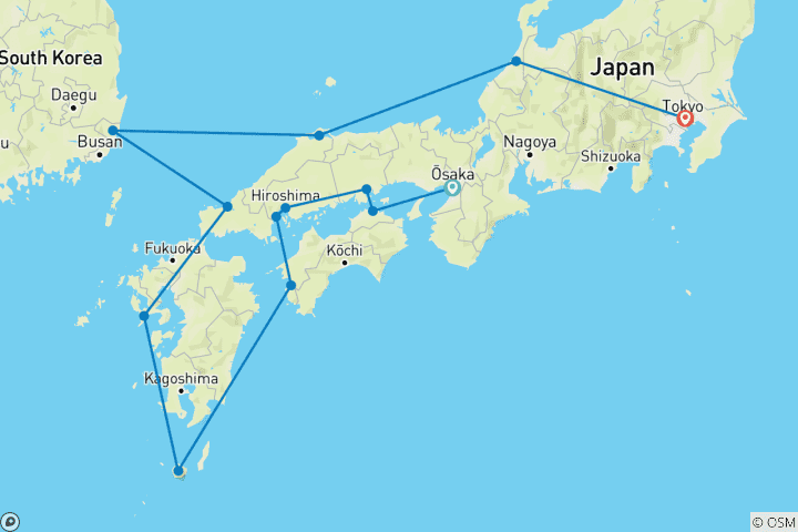 Carte du circuit Découverte du littoral japonais d'Osaka à Tokyo (2025)