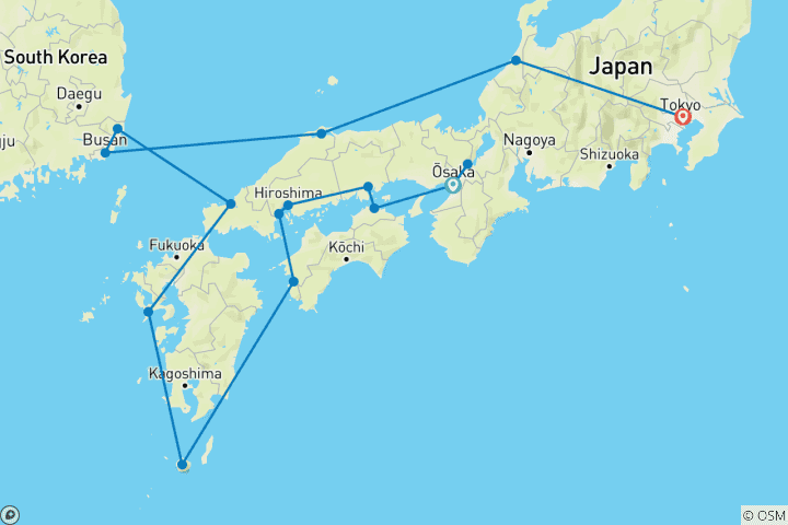 Carte du circuit Essence du Japon et découverte de la côte Osaka - Tokyo (2025)